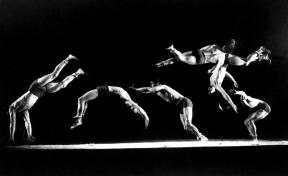 The repeated image of gymnast Newt Loken performing gymnastic moves.